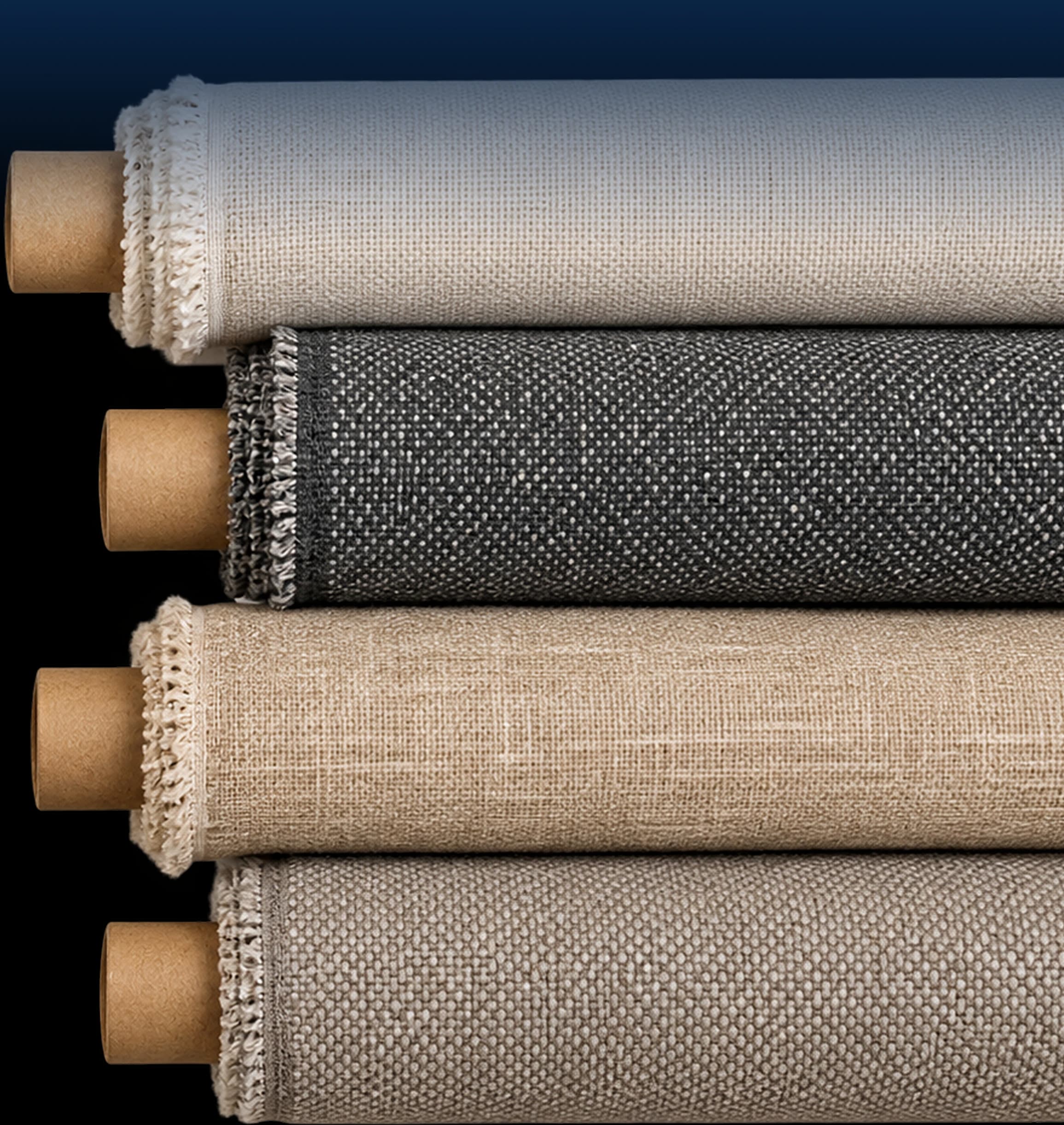 Stacked rolls of linen and woven fabric