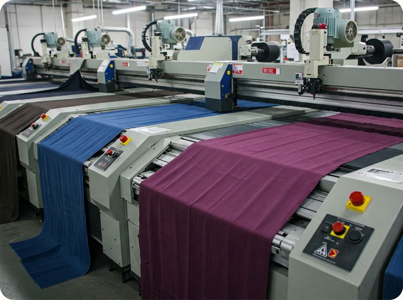 Industrial looms weaving blue and purple fabric